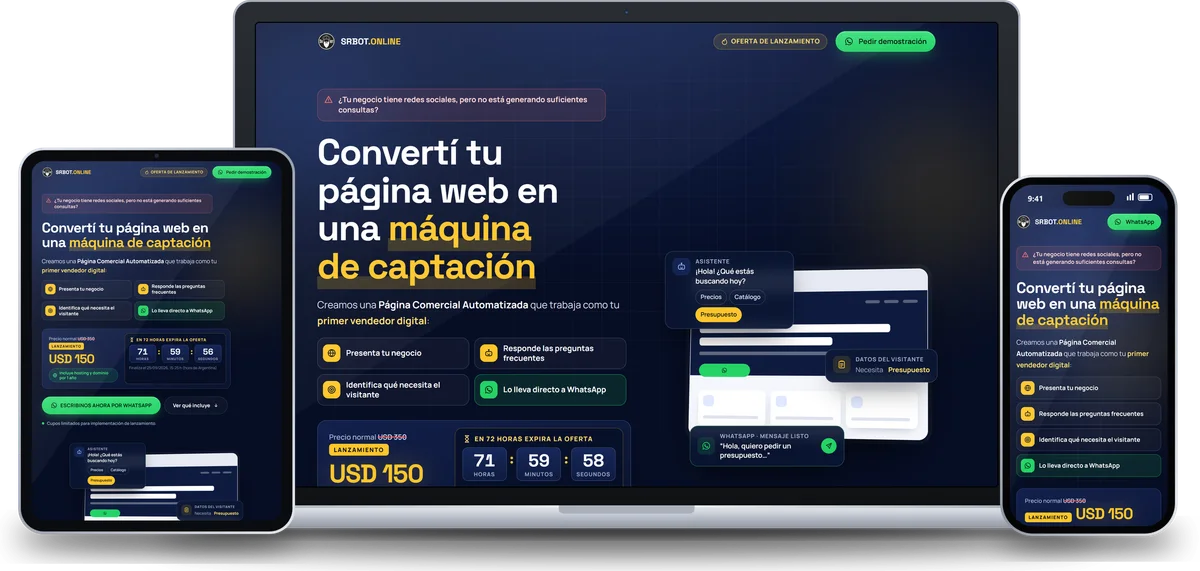 La Página Comercial Automatizada vista en una laptop, una tablet y un celular.